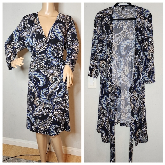 Banana Republic True Wrap Navy Paisley Long Sleeve Knee Length Stretch Dress. XL - Picture 1 of 11